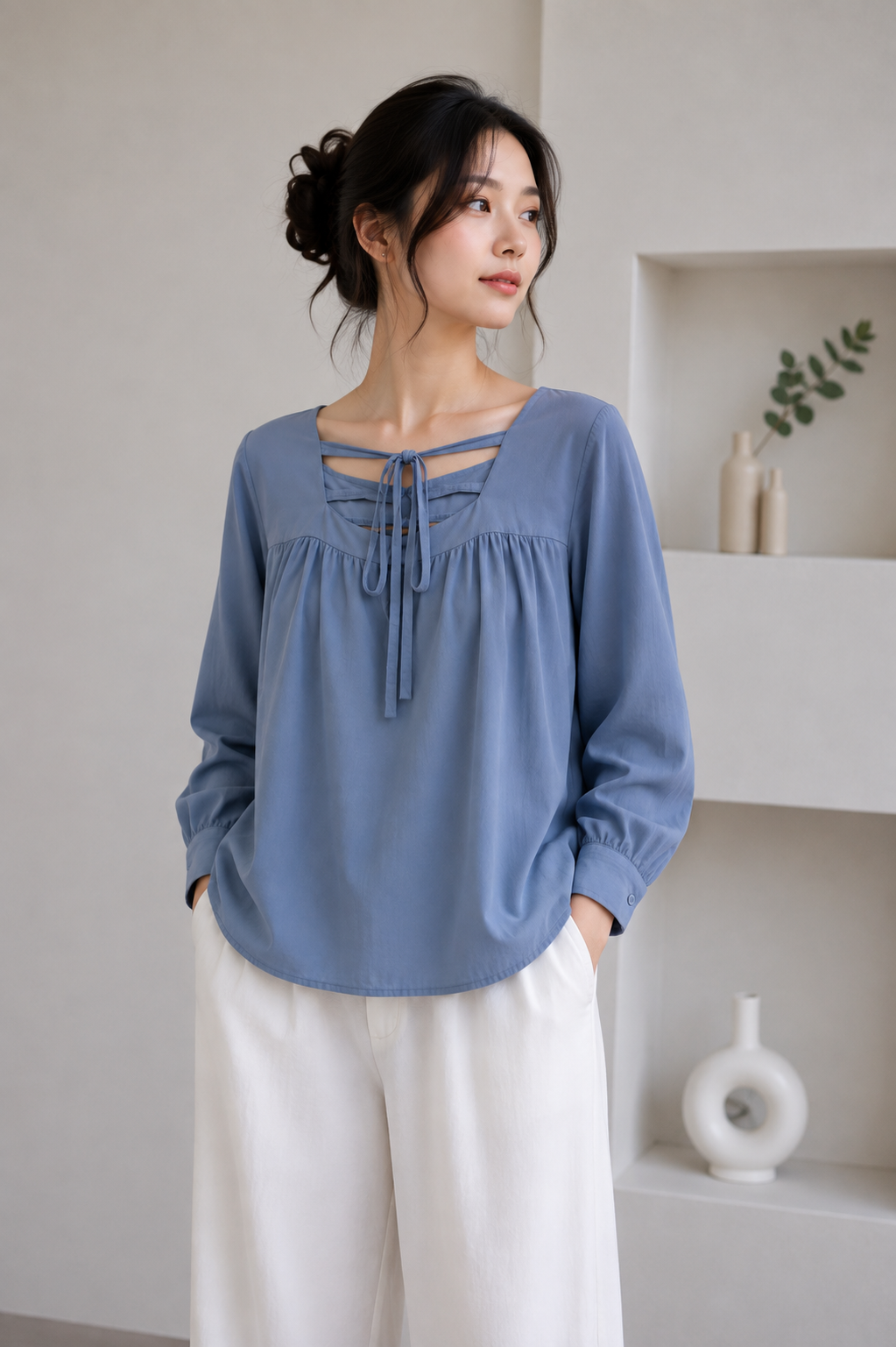 Dusty Blue Tie-Neck Top
